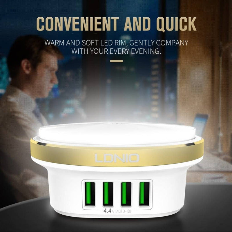 Cargador Pared 4 Usb Luz Led 4.4a Sin Cable Blanco
