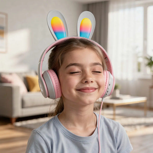 Auricular Infantil Bluetooth Rabbit Tf Mic Vincha Ajustable Rosa Con Gris