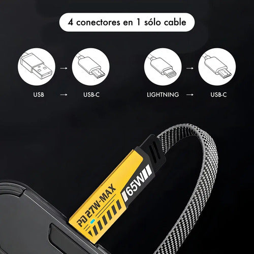 Cable Usb Carga Rápida 4 En 1 Reforzado Para iPhone Y Usb-c Negro
