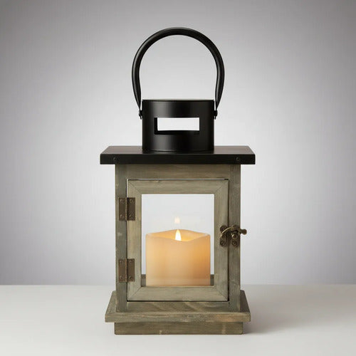 Farol Decorativo Rústico Portavelas Madera Metal 26x15cm Gris Envejecido Con Negro