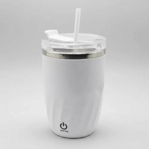 Vaso Taza Revolvedora Mezclador Automatico Usb Recargable Blanco Liso Moderno Con Tapa Transparente