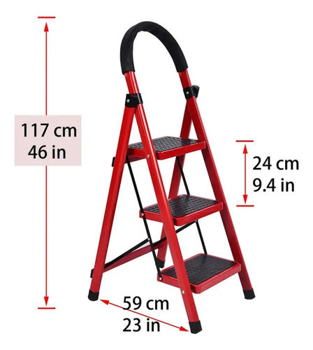 Escalera 3 Escalones Antideslizante Plegable Aluminio Rojo