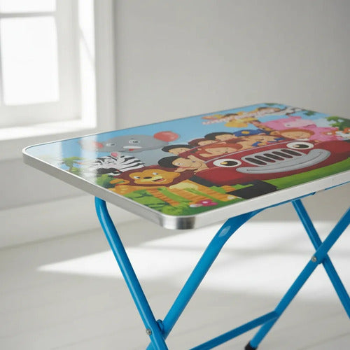 Set Mesa Silla Infantil Plegable Diseño Escolar 60x40cm Azul
