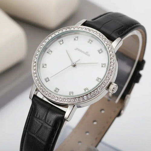 Reloj De Pulsera Femenino Brillos Elegante Mujer Analógico Beige