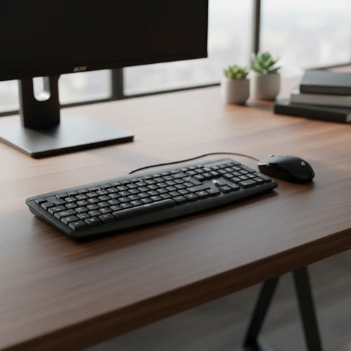 Combo Kit Teclado Mouse Usb Español Ñ Pc Laptop Oficina 1.5m Negro
