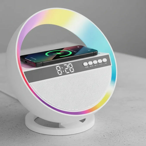 Parlante Bluetooth Cargador Inalámbrico Reloj Alarma Rgb Blanco