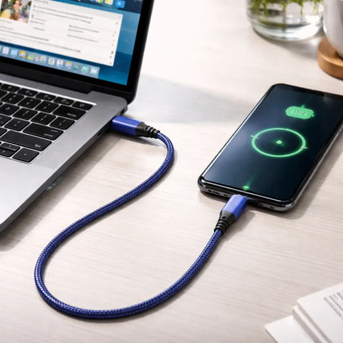 Cable Usb Tipo C A Tipo C Reforzado Carga Y Datos 1m Nylon Azul