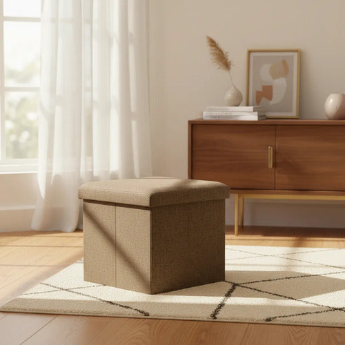 Puff Organizador Baul Taburete Plegable Tapa Acolchada 38cm Marrón Liso