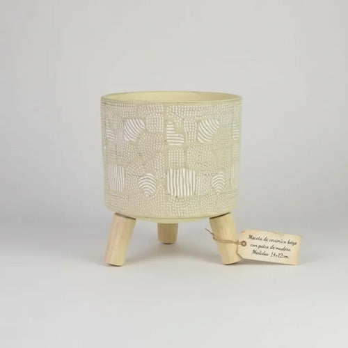 Maceta Decorativa De Ceramica Con Patas De Madera 14x12cm Beige