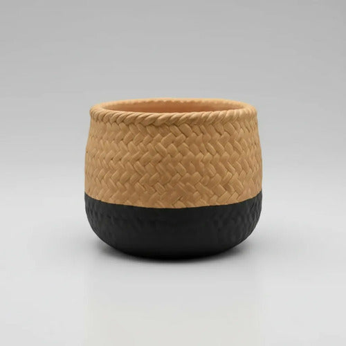 Maceta Cerámica Decorativa Labrada Diseño Yute 13cm Rústica Beige Con Negro