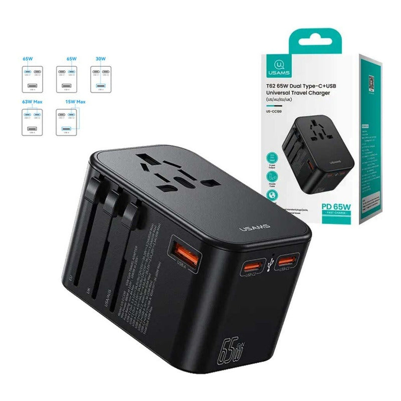 Cargador De Viaje 65w 2 Usb Tipo C + Usb Negro