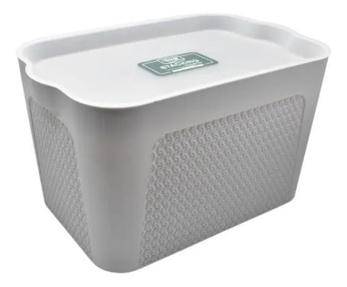 Canasto Caja Organizador Plastico Tapa 38cm Baño Cocina Gris Texturado Tipo Tejido / Ratán Plástico