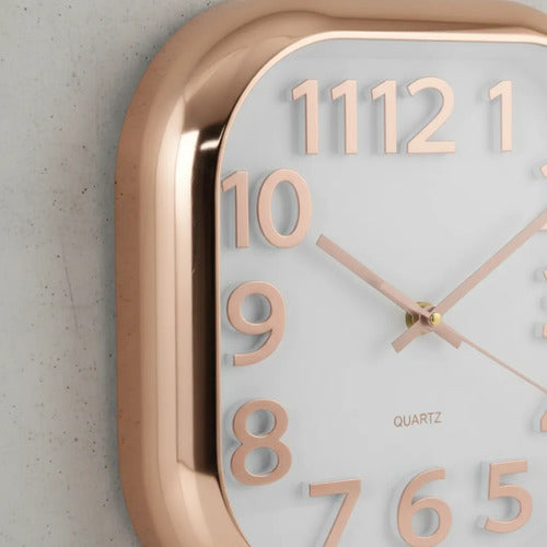 Reloj Pared Analogico Cuadrado Quartz 30cm Hogar Oficina Champagne