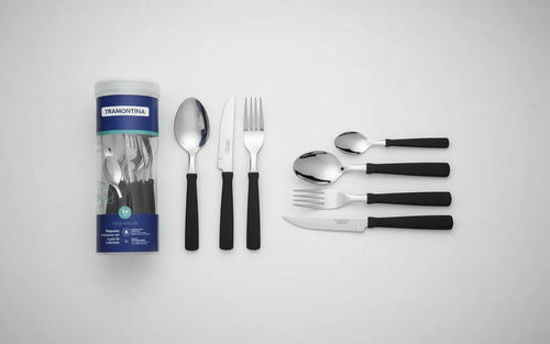 Set Juego De Cubiertos Pack X24 Piezas Pote Plastico Acero Negro