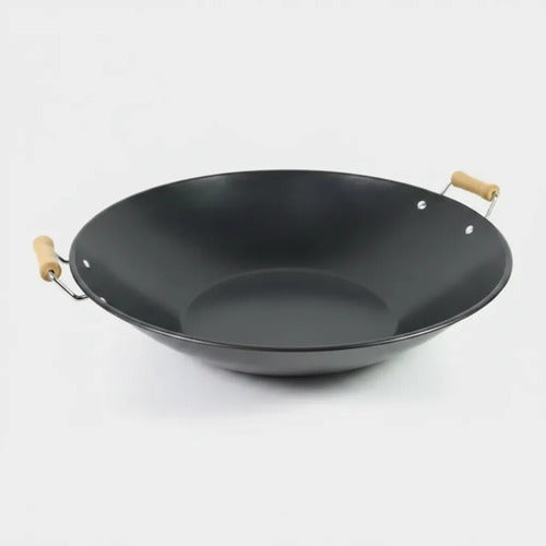 Sartén Wok Antiadherente Acero Carbono Cocina Asas Madera Negro