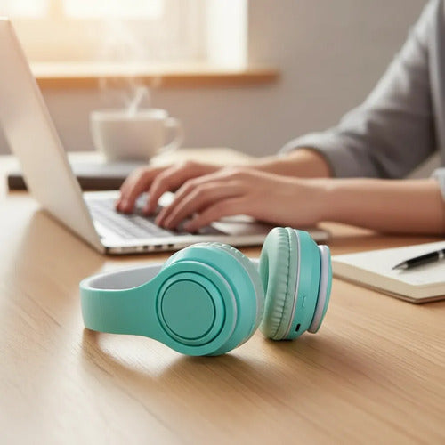 Auricular Bluetooth Usb Tf Plegable Vincha Ajustable 3.5 Hd Celeste