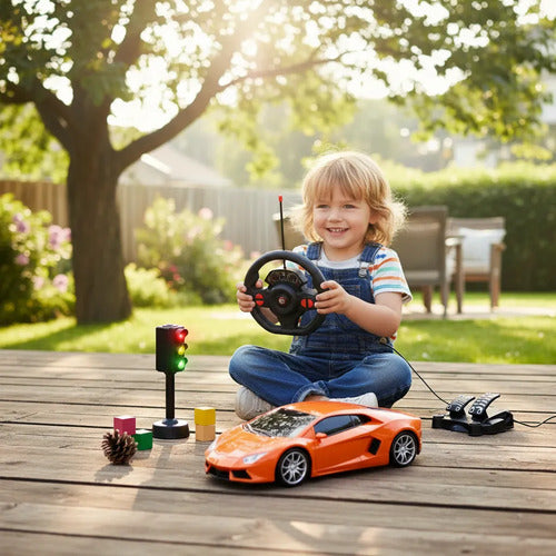 Auto Control Remoto Volante Pedalera Semáforo Luz Sonido Rc Naranja