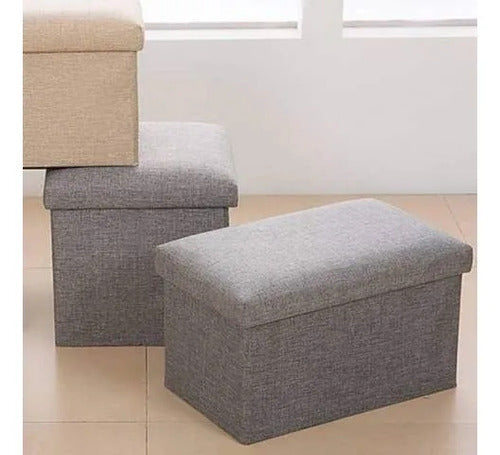Banco Organizador Baul Taburete Plegable Tapa Acolchada Gris Tela Tramada Lisa