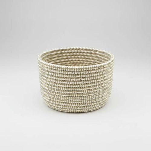 Canasto Cesto Multiuso Organizador Tejido Algodón 18x10cm Beige Y Blanco