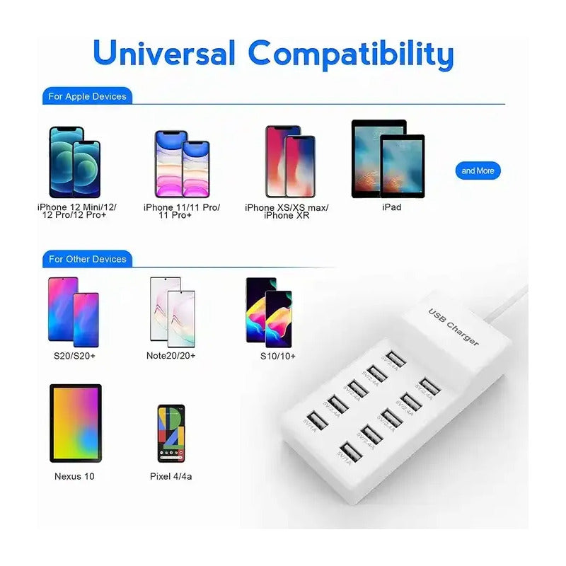 Zapatilla Cargador Usb Y Tipo C 10 Puertos Con Carga Rapida