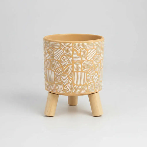Maceta Ceramica Patas Madera 14x12cm Decorativa Beige