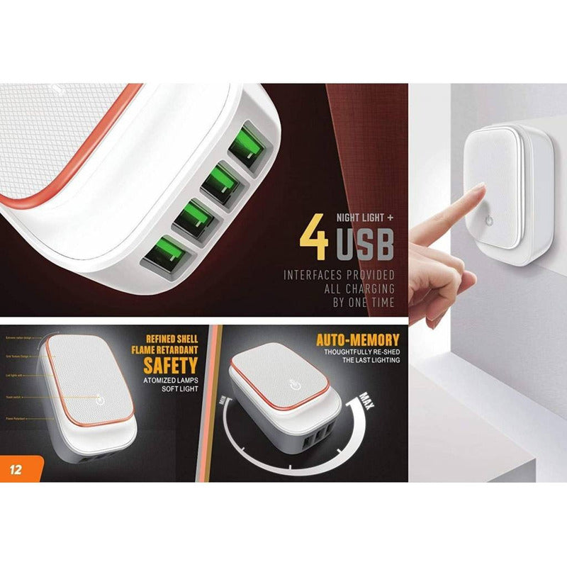 Cargador Pared 4 Usb 4.4a Con Luz Led Blanco