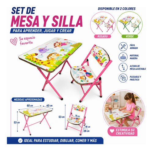 Set Mesa Silla Infantil Plegable Ajustable Diseño 60x40cm Verde