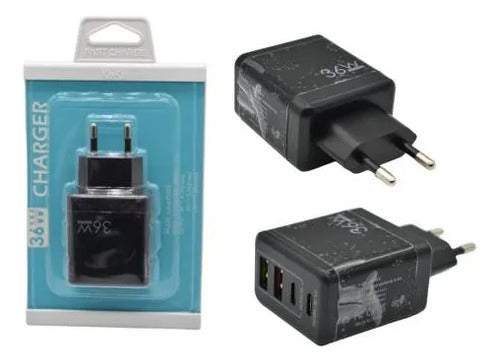 Adaptador Cargador Carga Rápida Multiple Universal Usb C Y A Negro