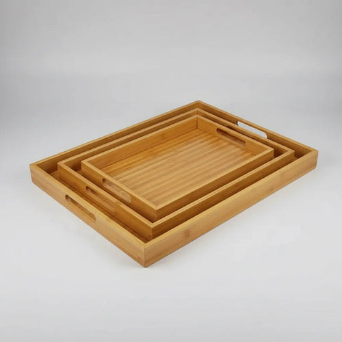 Set Kit Pack X3 Bandejas Madera Rectangulares Cocina Hogar Natural / Madera