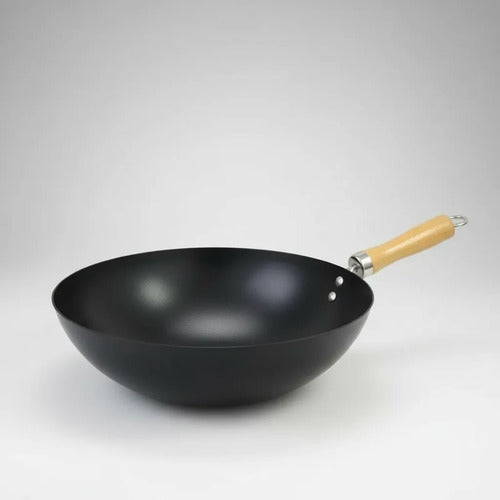 Sartén Wok Antiadherente Mango Madera 30cm Acero Carbono Negro