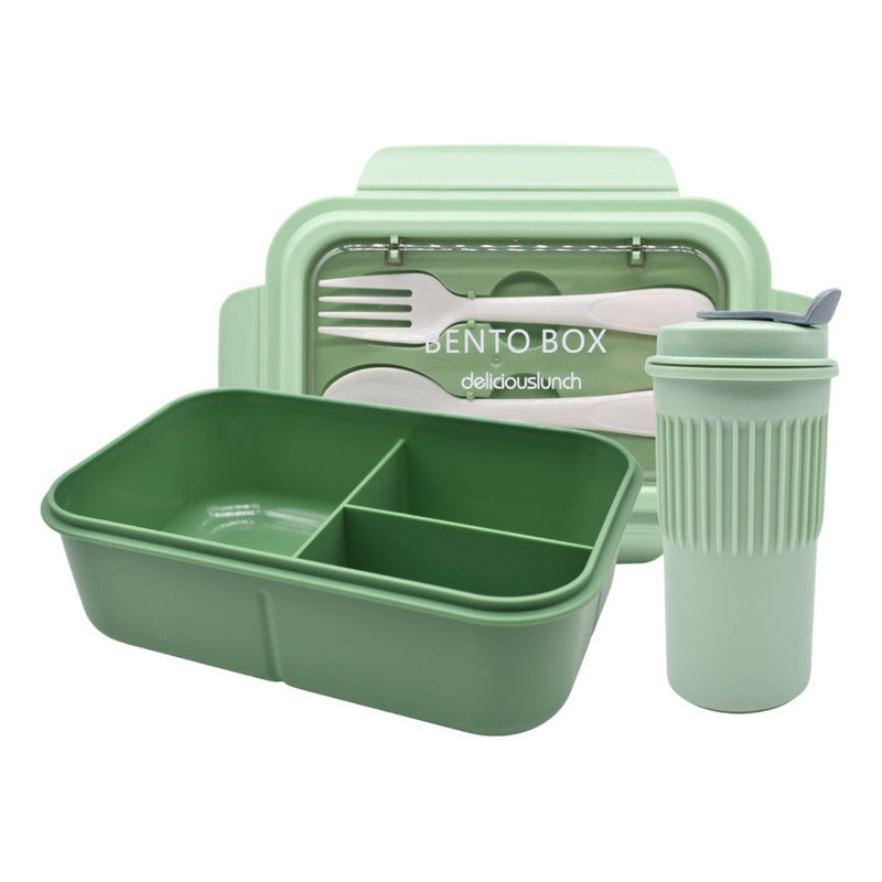 Lonchera Vianda Con Vaso Y Cubiertos De Plastico 1200ml