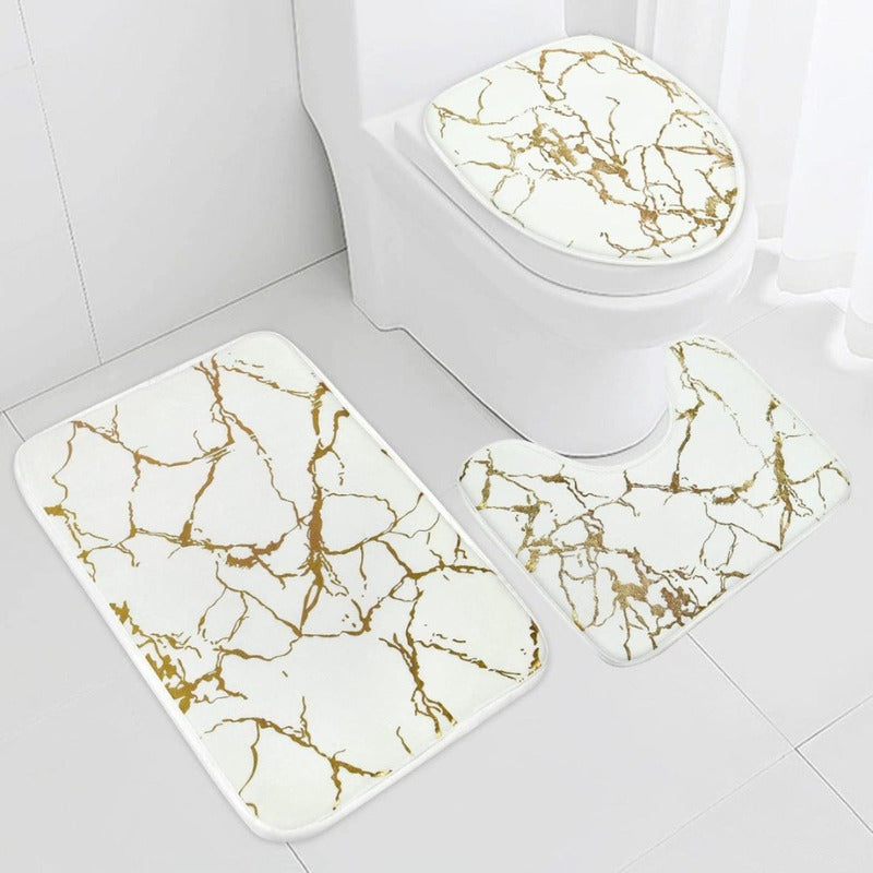 Set De Alfombras Y Cortina De Baño Diseño Marmol 4pcs.