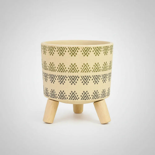 Maceta Ceramica Patas Madera 14x12cm Decorativa Hogar Planta Beige