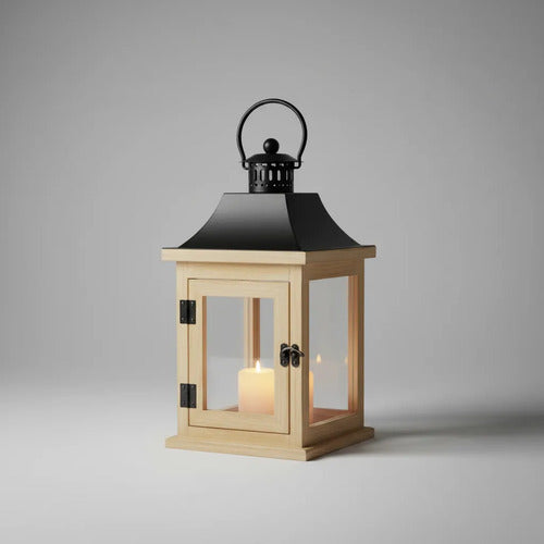 Farol Decorativo Rústico Portavelas Madera Metal 30x15x15cm Madera Natural Con Negro