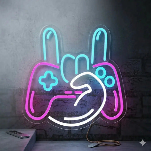 Letrero Neon Gamer Mano Con Gamepad Usb Dimm Blanco