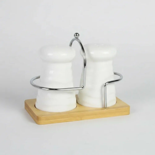 Set Salero Pimentero Porcelana Base Bambú Cerámica Soporte Blanco Y Madera Natural