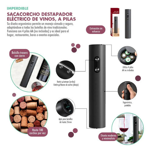 Destapador Sacacorchos Vino A Pila Saca Corcho Negro