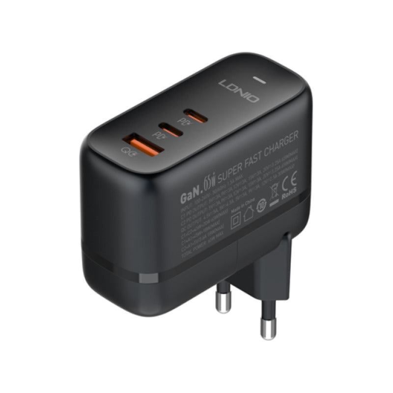 Cargador De Pared 65w Gan 1 Usb + 2 Usb Tipo C Carga Rapida