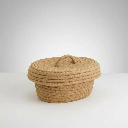 Canasto Cesto Organizador Tejido Tapa Asa 27x9cm Algodón Marrón