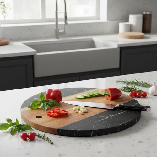 Tabla Cocina Picar Servir Madera Acacia Marmol Redonda 30cm Madera Y Mármol Marróny Negro
