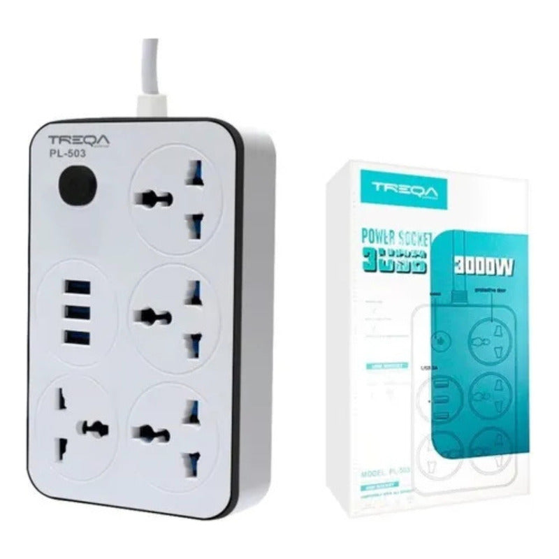 Zapatilla Con 3 Usb + 4 Conectores Alargue 2 Metros Cable