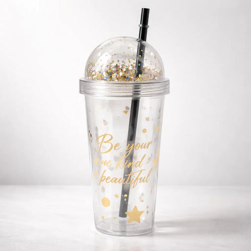 Vaso Acrílico Con Tapa Glitter Y Sorbito 450ml Bebida Aleatorio