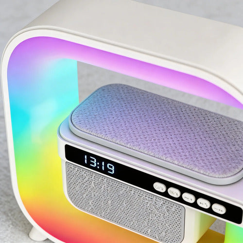 Parlante Cargador Inalambrico Bluetooth Reloj Led Rgb Blanco
