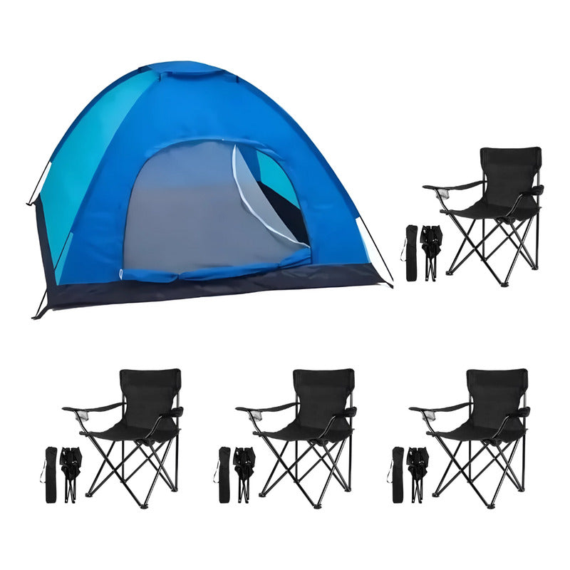 Carpa Camping 3 A 4 Personas + 4 Sillas Plegables Posavasos