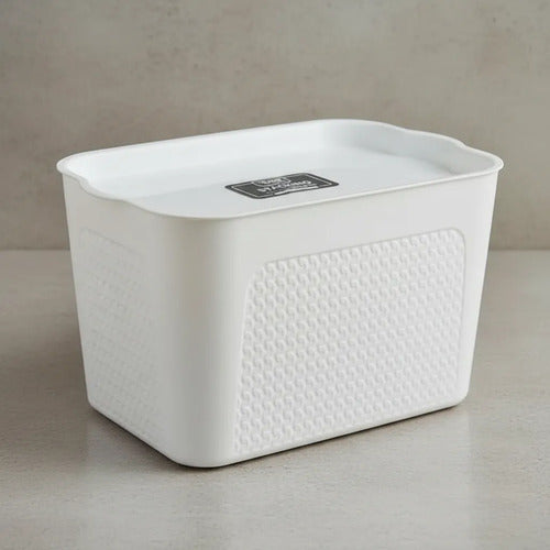 Canasto Caja Organizador Plastico Tapa 38cm Baño Cocina Blanco Texturado Tipo Tejido / Ratán Plástico