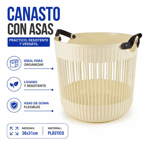 Canasto Cesto Organizador Plastico Multiuso Asas Flexibles Crema