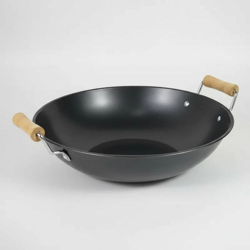 Sartén Wok Acero Carbono Asas Madera Antiadherente 30cm Negro