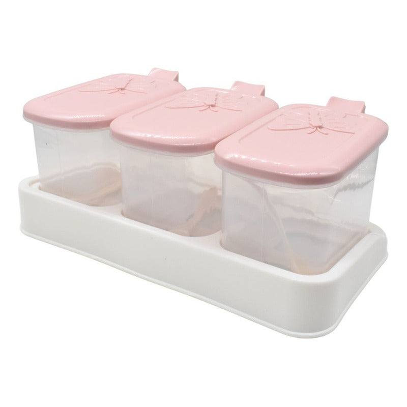 Especiero Condimentero X3 Frascos Con Cucharas Y Soporte