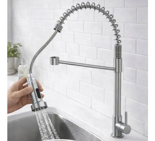 Canilla Grifo Cocina Monocomando Flexible Extensible Acero Plateado