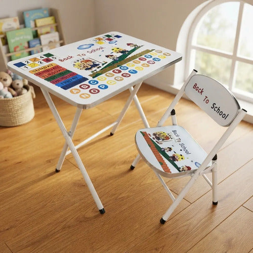 Set Mesa Silla Infantil Plegable Diseño Escolar 60x40cm Blanco